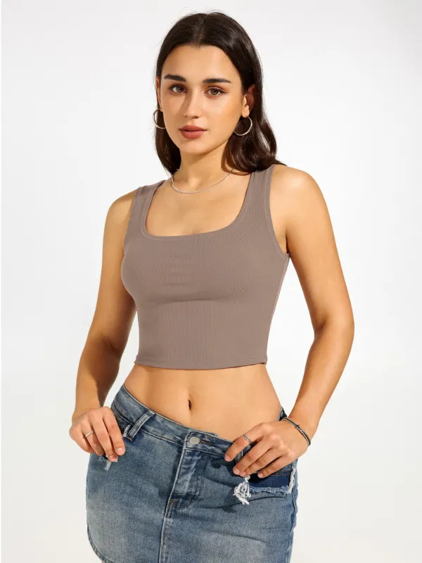 Basic Square Neck Ribbed Tank Tops Workout Crop Tops sold by ReoRia