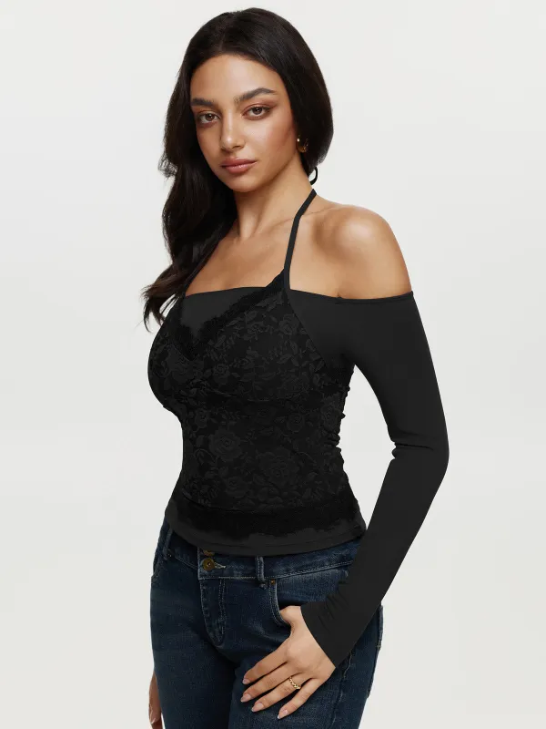Off Shoulder Long Sleeve Halter Neck Fake Two Piece Shirt sold by ReoRia