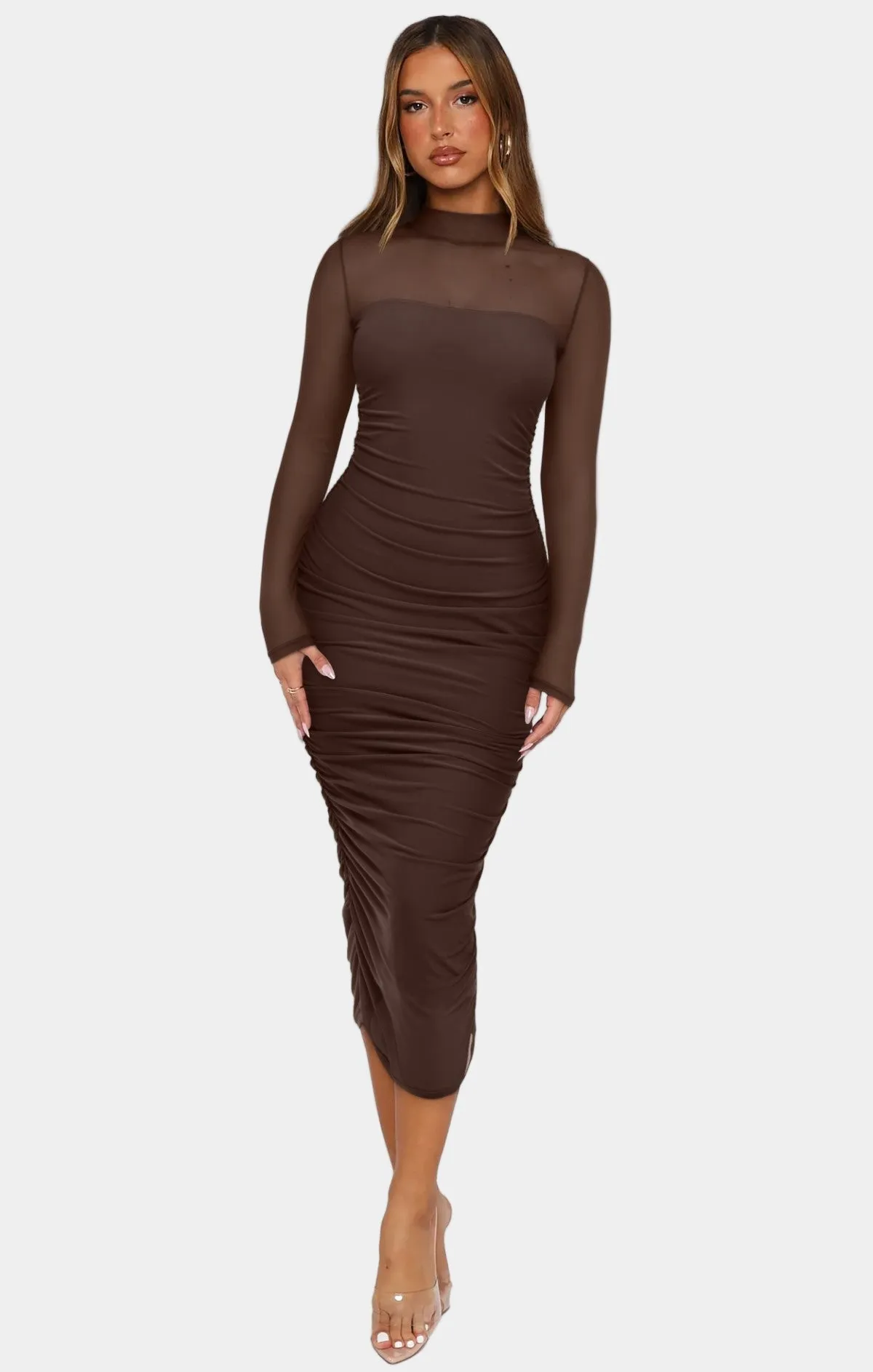Fall Mesh Long Sleeve Midi Ruched Bodycon Dress sold by ReoRia