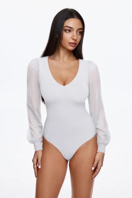 Mesh Long Sleeve Bodysuit Double Lined V Neck Slimming Bodysuits sold by ReoRia
