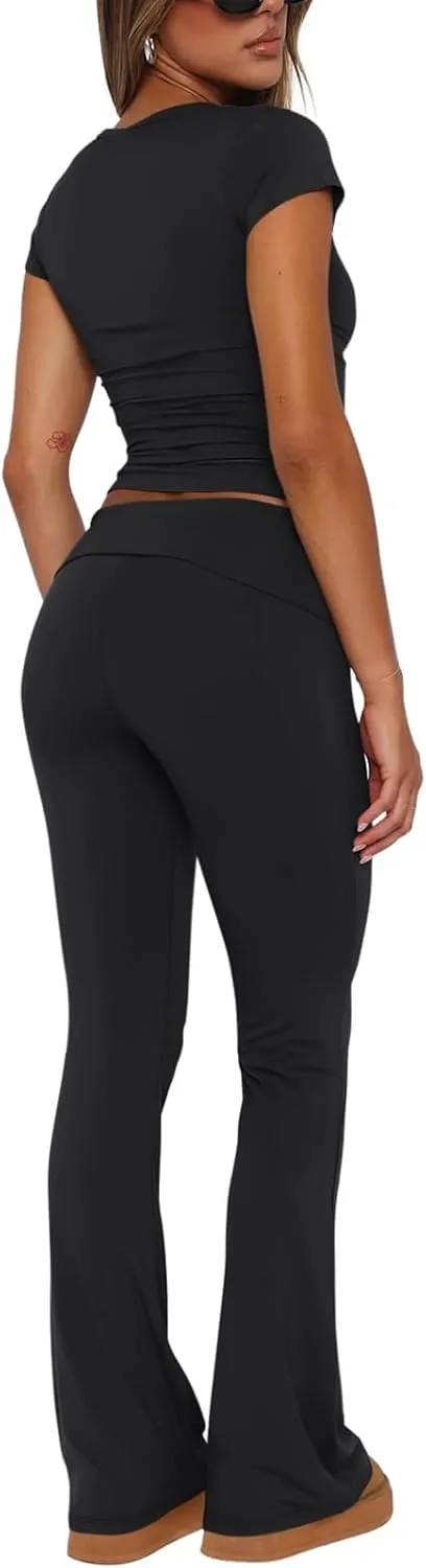 REORIA Women's Casual Outfits Soft Short Sleeve Crop Top Fold Over Flare Pants Y2K 2 Piece Pajama Lounge Sets sold by ReoRia product image thumbnail 4