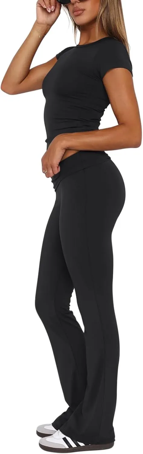 REORIA Women's Casual Outfits Soft Short Sleeve Crop Top Fold Over Flare Pants Y2K 2 Piece Pajama Lounge Sets sold by ReoRia product image thumbnail 3