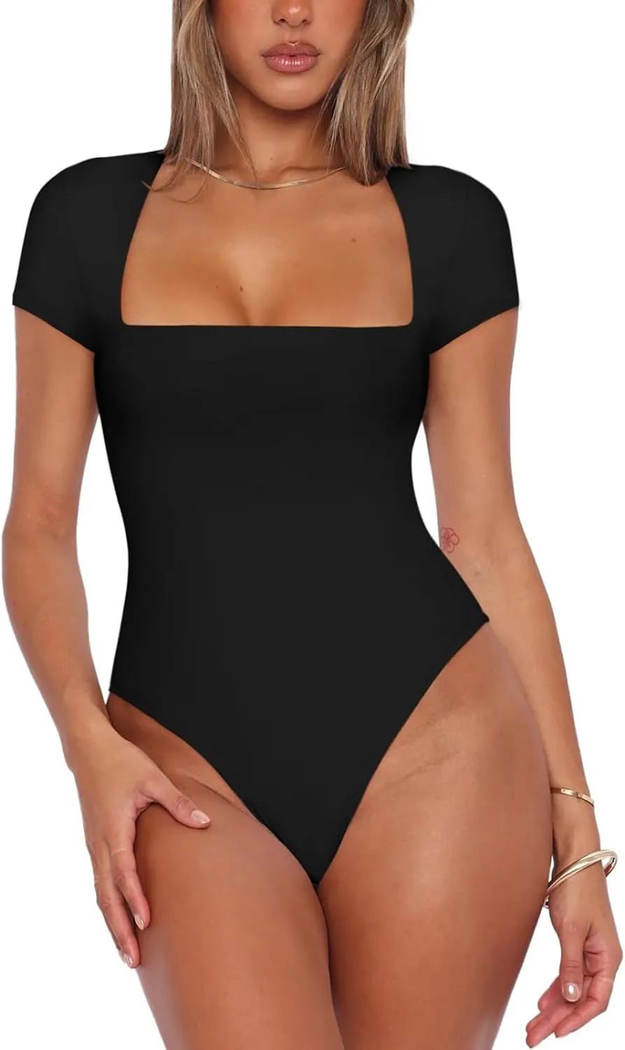 Square Neck Shirt Stretchy Short Sleeve Bodysuit Tops sold by ReoRia product image thumbnail 2