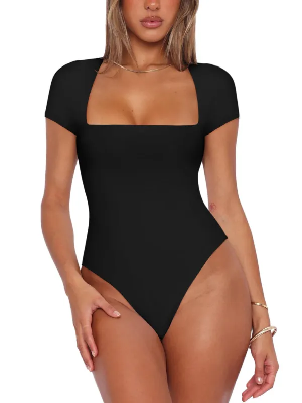 Square Neck Shirt Stretchy Short Sleeve Bodysuit Tops sold by ReoRia