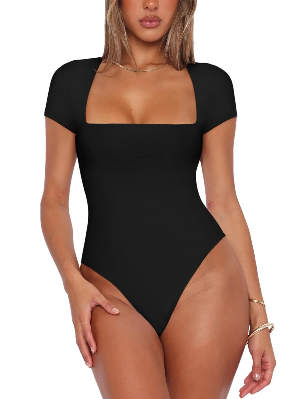 Square Neck Shirt Stretchy Short Sleeve Bodysuit Tops sold by ReoRia
