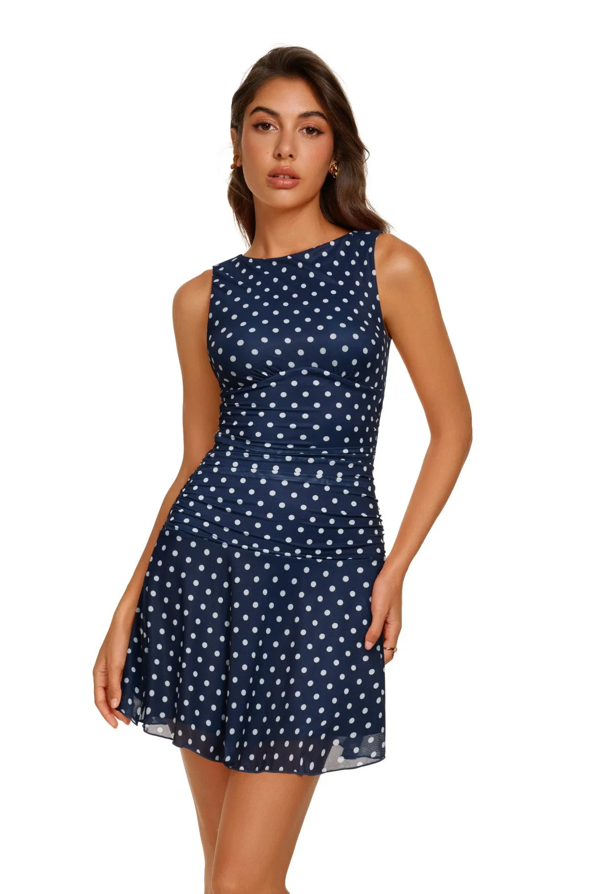 Boat Neck Mesh Ruched Drop Waist Mini Dress sold by ReoRia product image thumbnail 4