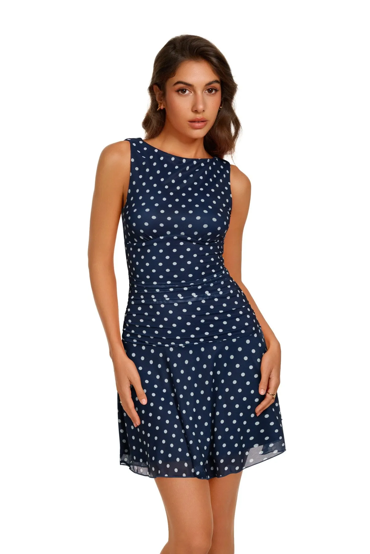 Boat Neck Mesh Ruched Drop Waist Mini Dress sold by ReoRia product image thumbnail 3