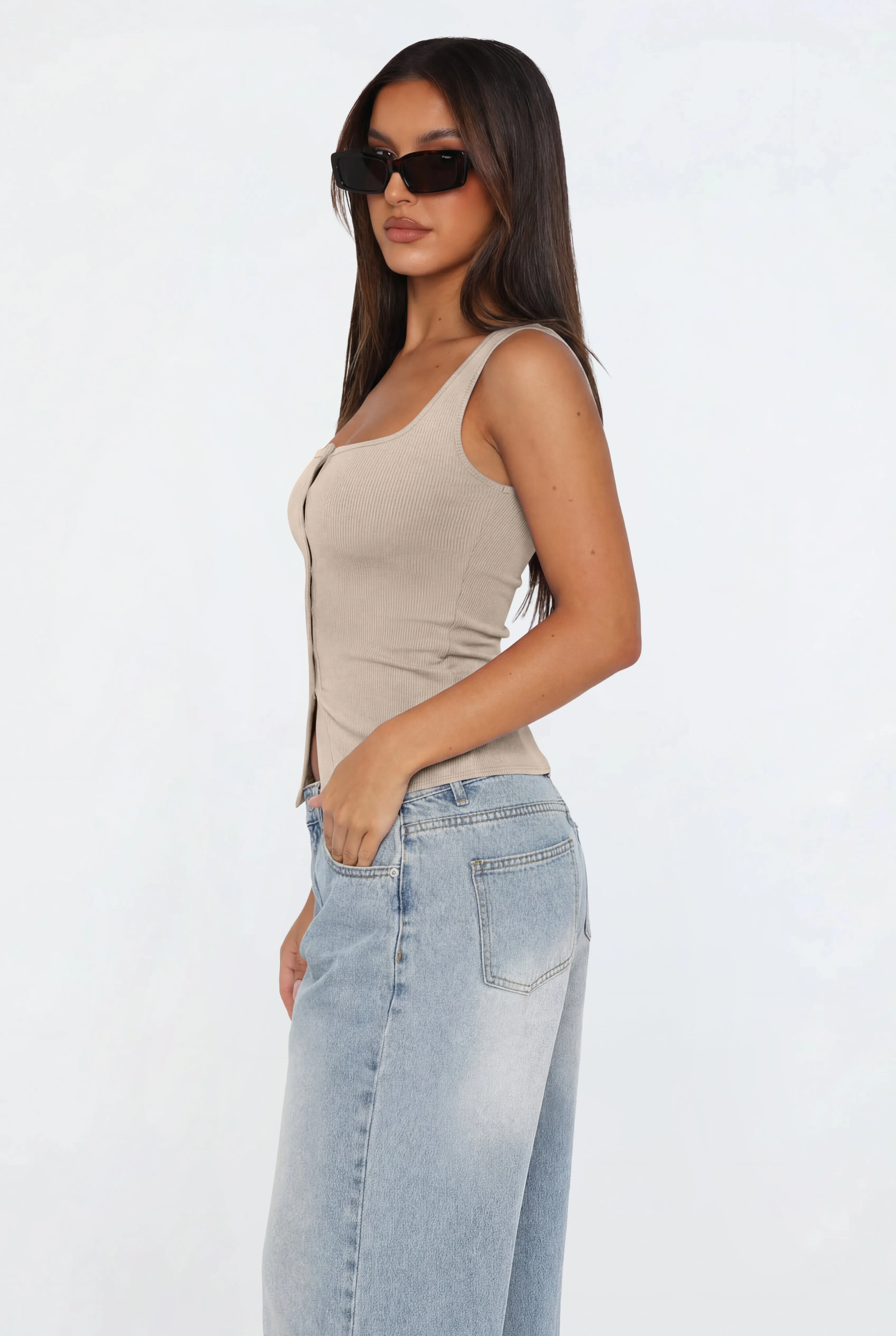 Cute Ribbed Button Down Square Neck Vest Tank Top sold by ReoRia product image thumbnail 4