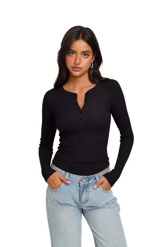Long Sleeve Henley Shirt Button Ribbed Knit Top made by ReoRia
