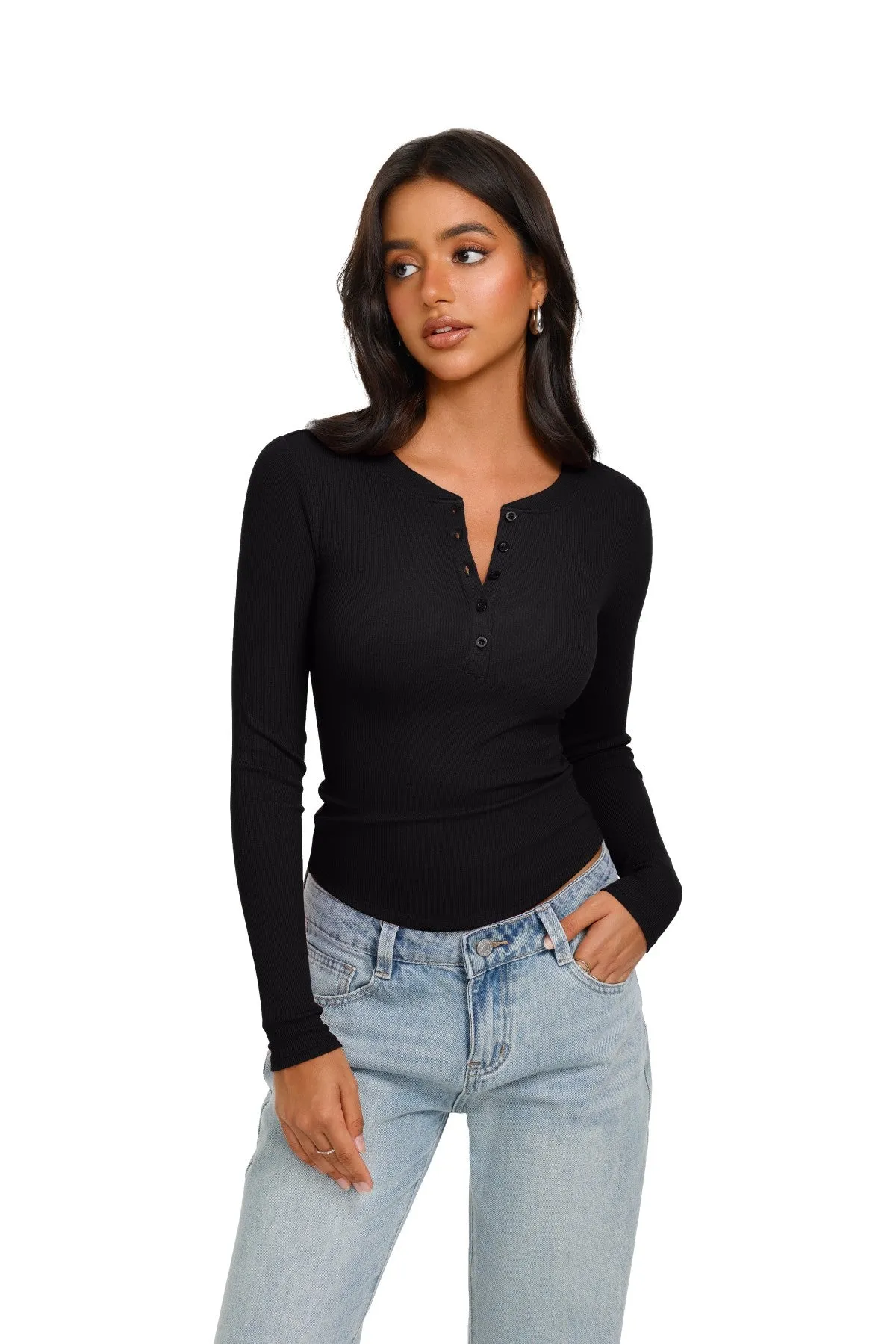 Long Sleeve Henley Shirt Button Ribbed Knit Top sold by ReoRia product image thumbnail 2