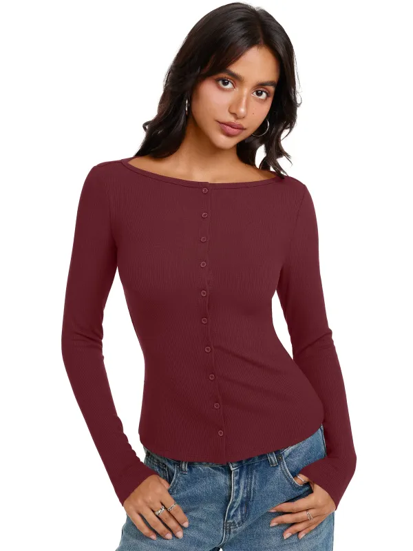 Long Sleeve Boat Neck Button Down Cardigan Top made by ReoRia