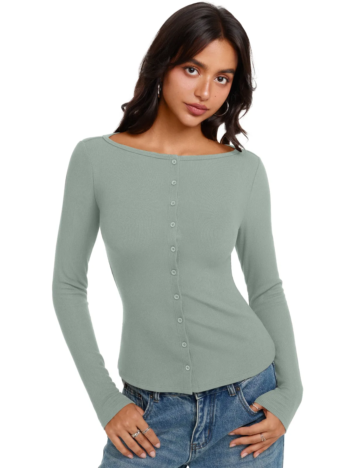 Long Sleeve Boat Neck Button Down Cardigan Top sold by ReoRia product image thumbnail 5