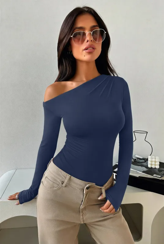 Off the Shoulder Long Sleeve Side Ruched Bodysuit made by ReoRia
