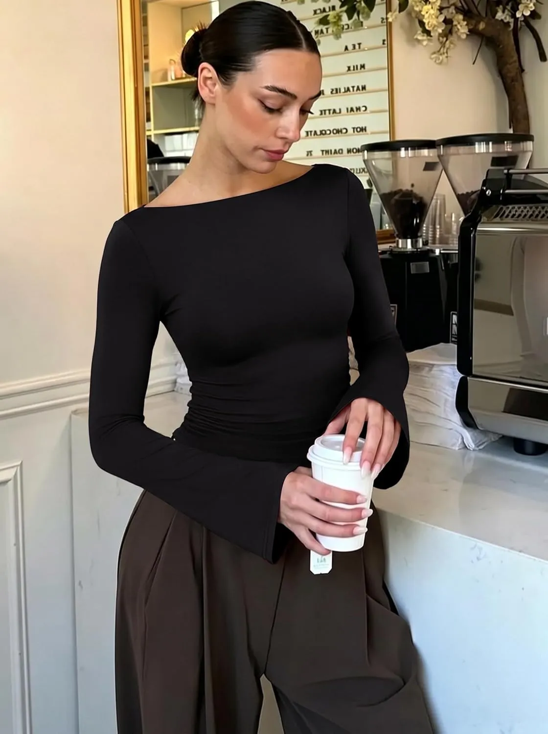 Double Lined Boat Neck Bell Sleeve Crop Top sold by ReoRia product image thumbnail 3