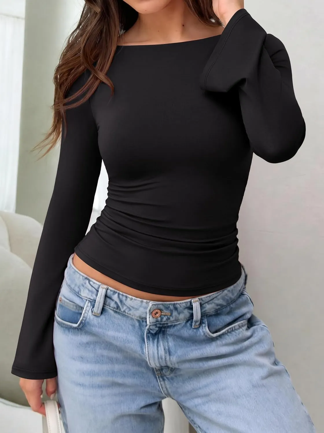 Double Lined Boat Neck Bell Sleeve Crop Top sold by ReoRia product image thumbnail 4