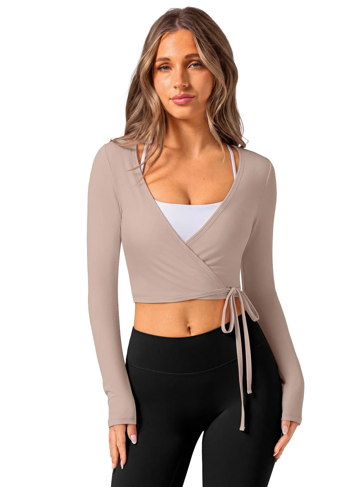 V Neck Long Sleeve Wrap Top with Adjustable Tie sold by ReoRia