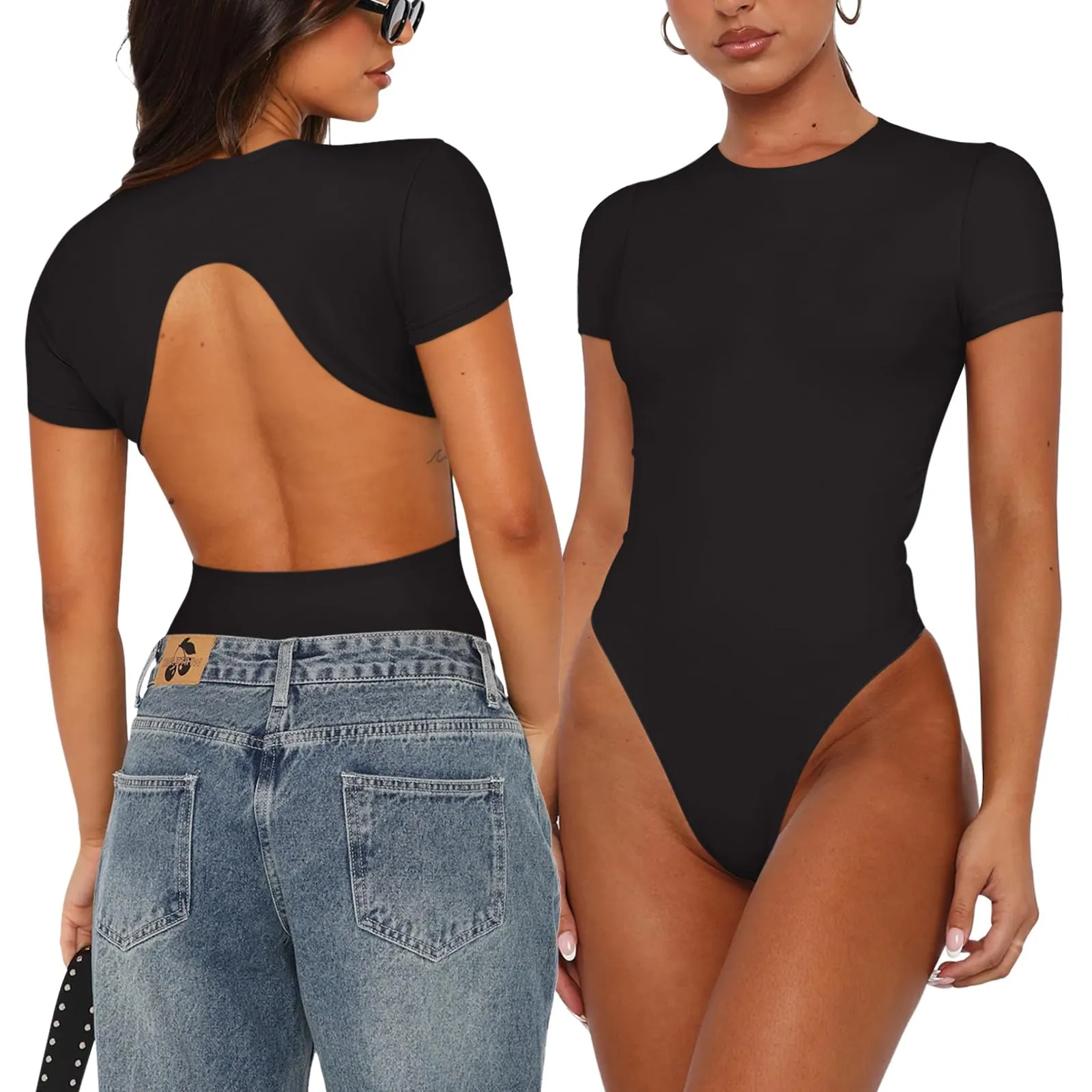 REORIA Womens Sexy Backless Body suit Double Lined Crew Neck Short Sleeve Going Out Bodysuits Tops sold by ReoRia