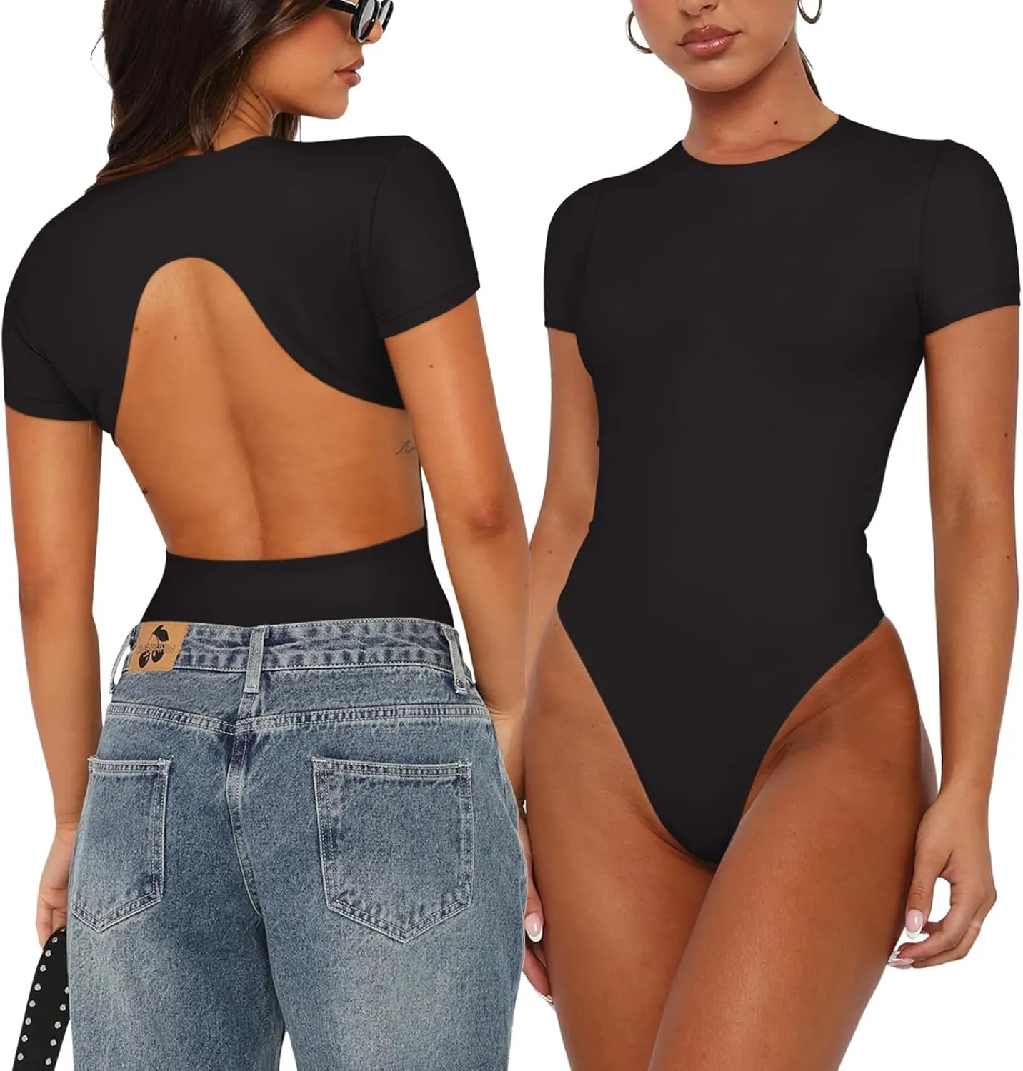 REORIA Womens Sexy Backless Body suit Double Lined Crew Neck Short Sleeve Going Out Bodysuits Tops sold by ReoRia product image thumbnail 2