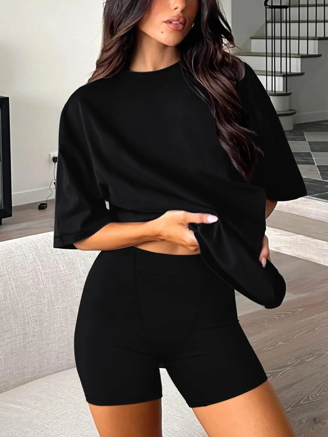 REORIA Womens Two Piece Sets Lounge Matching Summer Outfits Fashion 2024 Oversized T Shirts Biker Shorts Tracksuit sold by ReoRia product image thumbnail 3