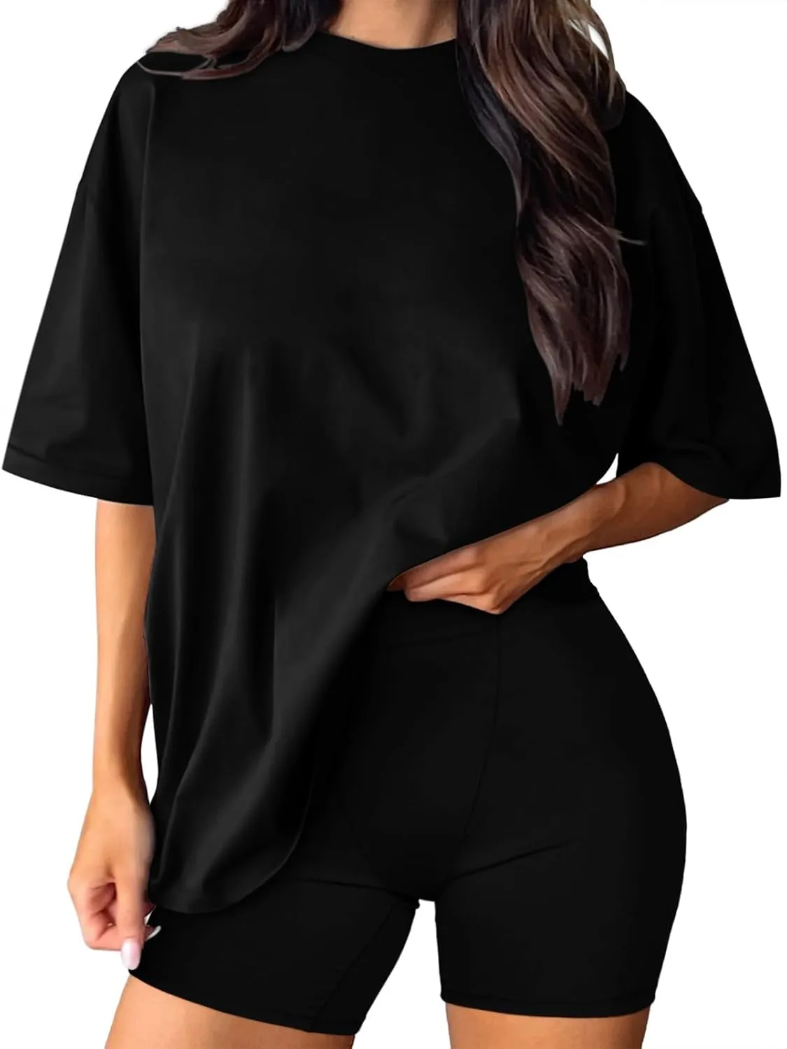 REORIA Womens Two Piece Sets Lounge Matching Summer Outfits Fashion 2024 Oversized T Shirts Biker Shorts Tracksuit sold by ReoRia product image thumbnail 2