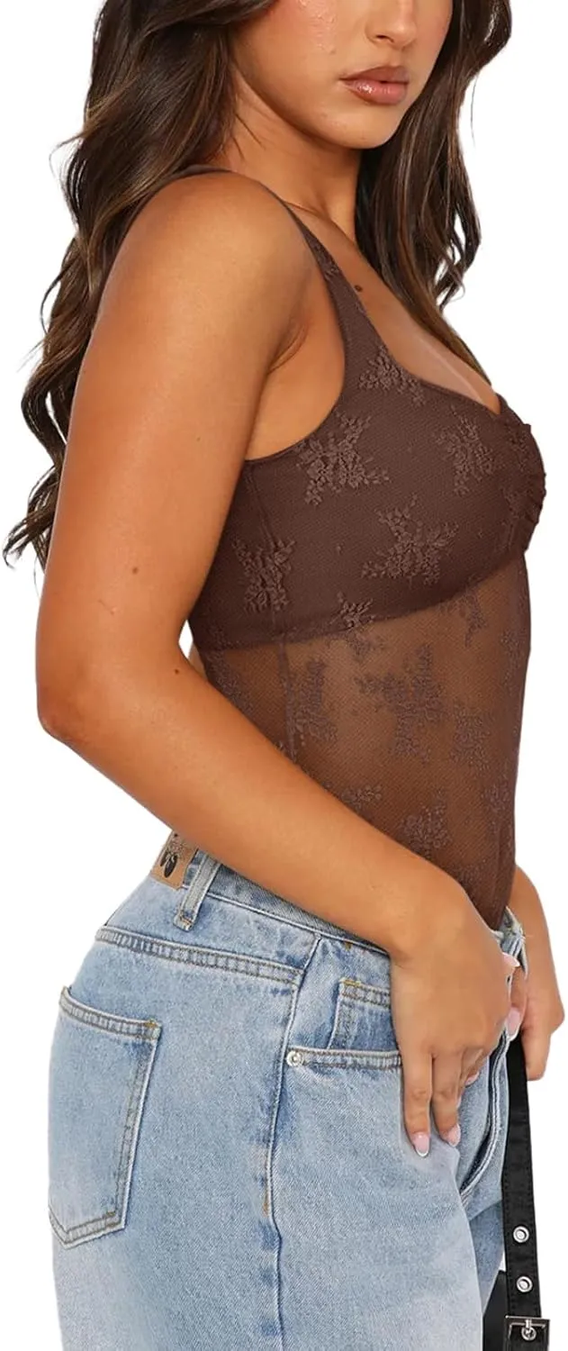 REORIA Women's Summer Sexy Square Neck Sleeveless Embroidered Lace Mesh See Through Going Out Tank Top Bodysuits sold by ReoRia product image thumbnail 4