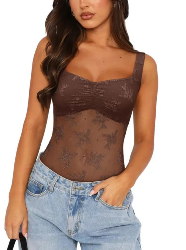 REORIA Women's Summer Sexy Square Neck Sleeveless Embroidered Lace Mesh See Through Going Out Tank Top Bodysuits sold by ReoRia