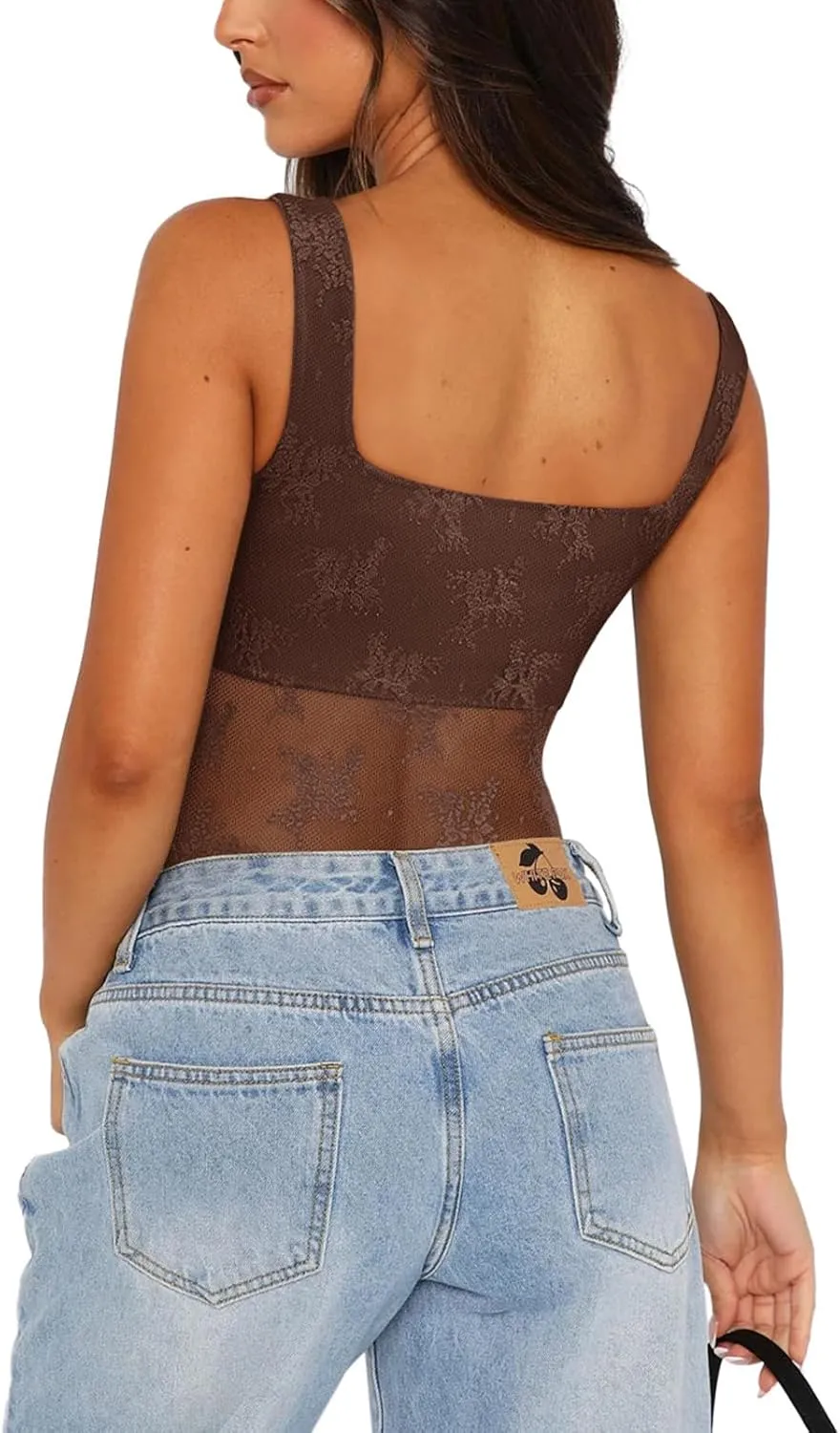 REORIA Women's Summer Sexy Square Neck Sleeveless Embroidered Lace Mesh See Through Going Out Tank Top Bodysuits sold by ReoRia product image thumbnail 3