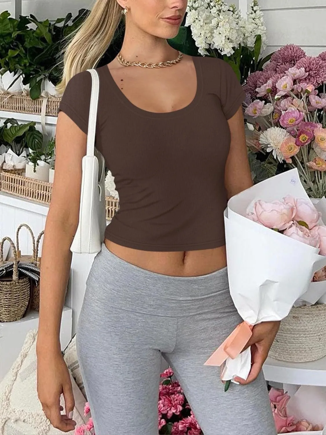 REORIA Women's Basic Going Out Scoop Neck Crop Tops Tees Short Sleeve Fitted Tshirts Shirts sold by ReoRia product image thumbnail 5