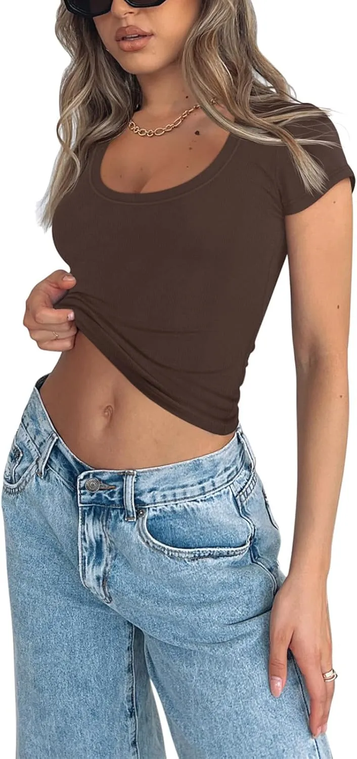 REORIA Women's Basic Going Out Scoop Neck Crop Tops Tees Short Sleeve Fitted Tshirts Shirts sold by ReoRia product image thumbnail 2