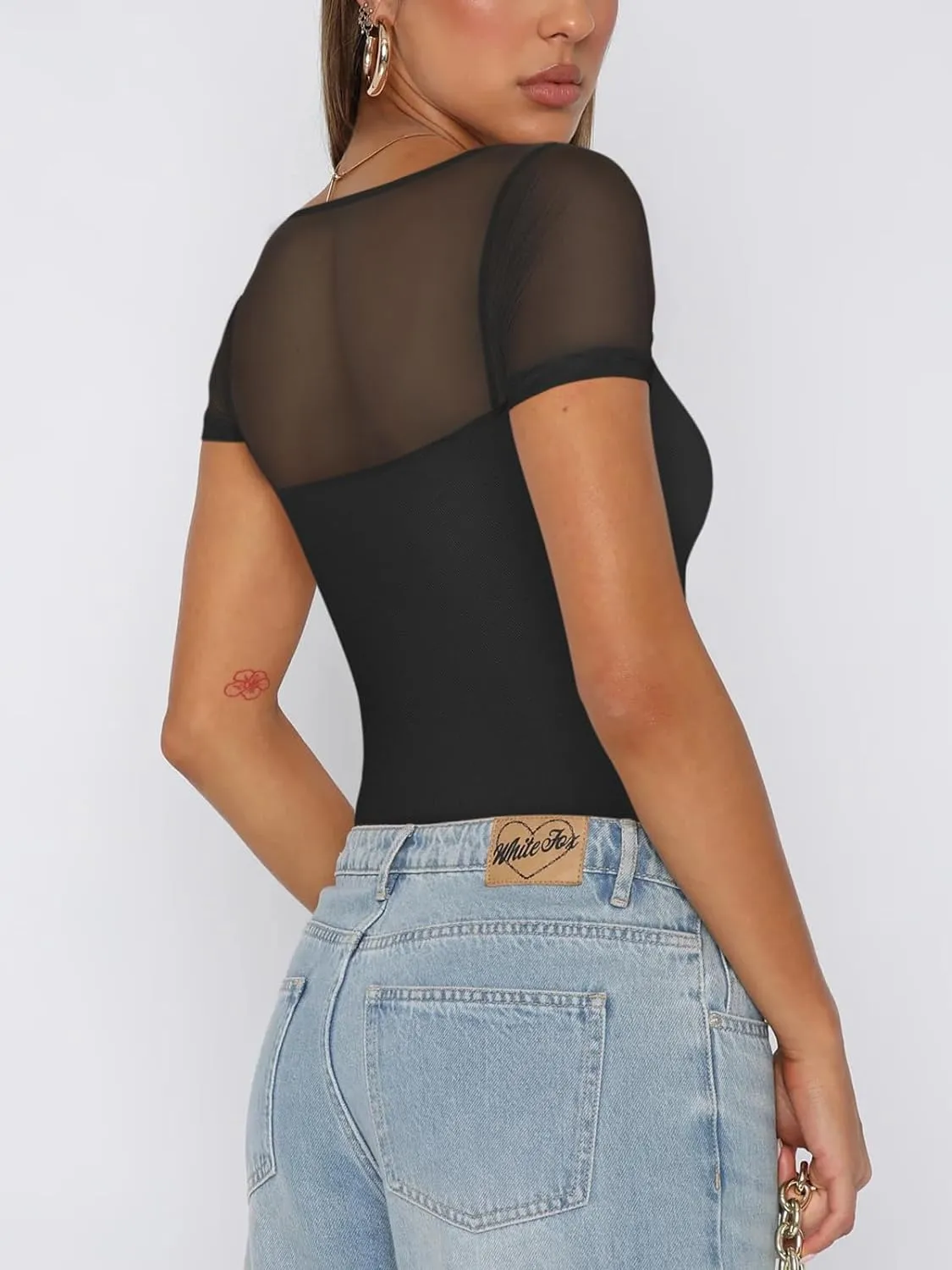 Square Neck Short Sleeve Sheer Mesh Bodysuits Tops sold by ReoRia product image thumbnail 3