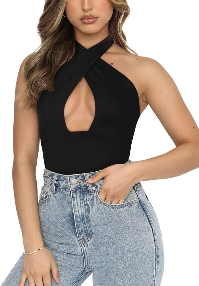 Criss Cross Halter Neck Bodysuits Tops Clubwear sold by ReoRia product image thumbnail 3