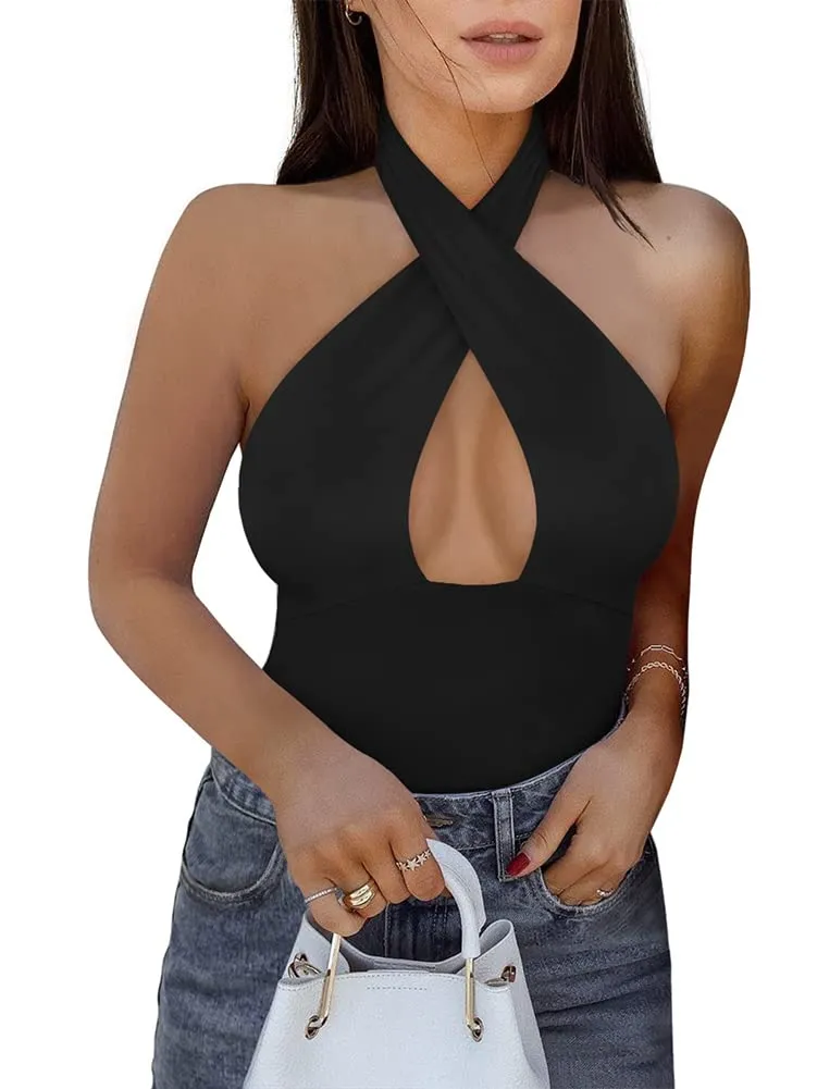 Criss Cross Halter Neck Bodysuits Tops Clubwear sold by ReoRia