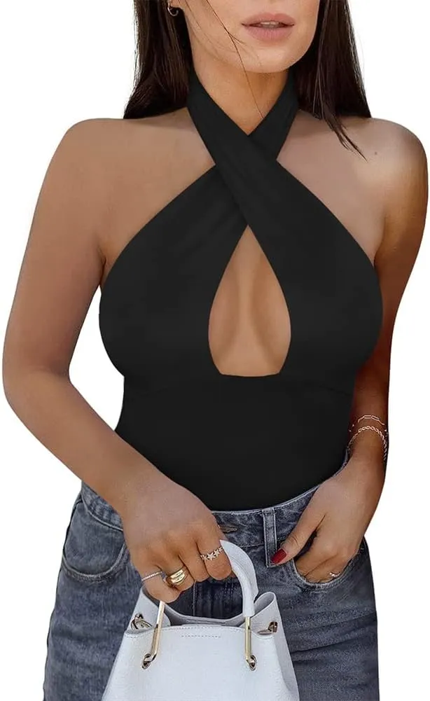 Criss Cross Halter Neck Bodysuits Tops Clubwear sold by ReoRia product image thumbnail 2