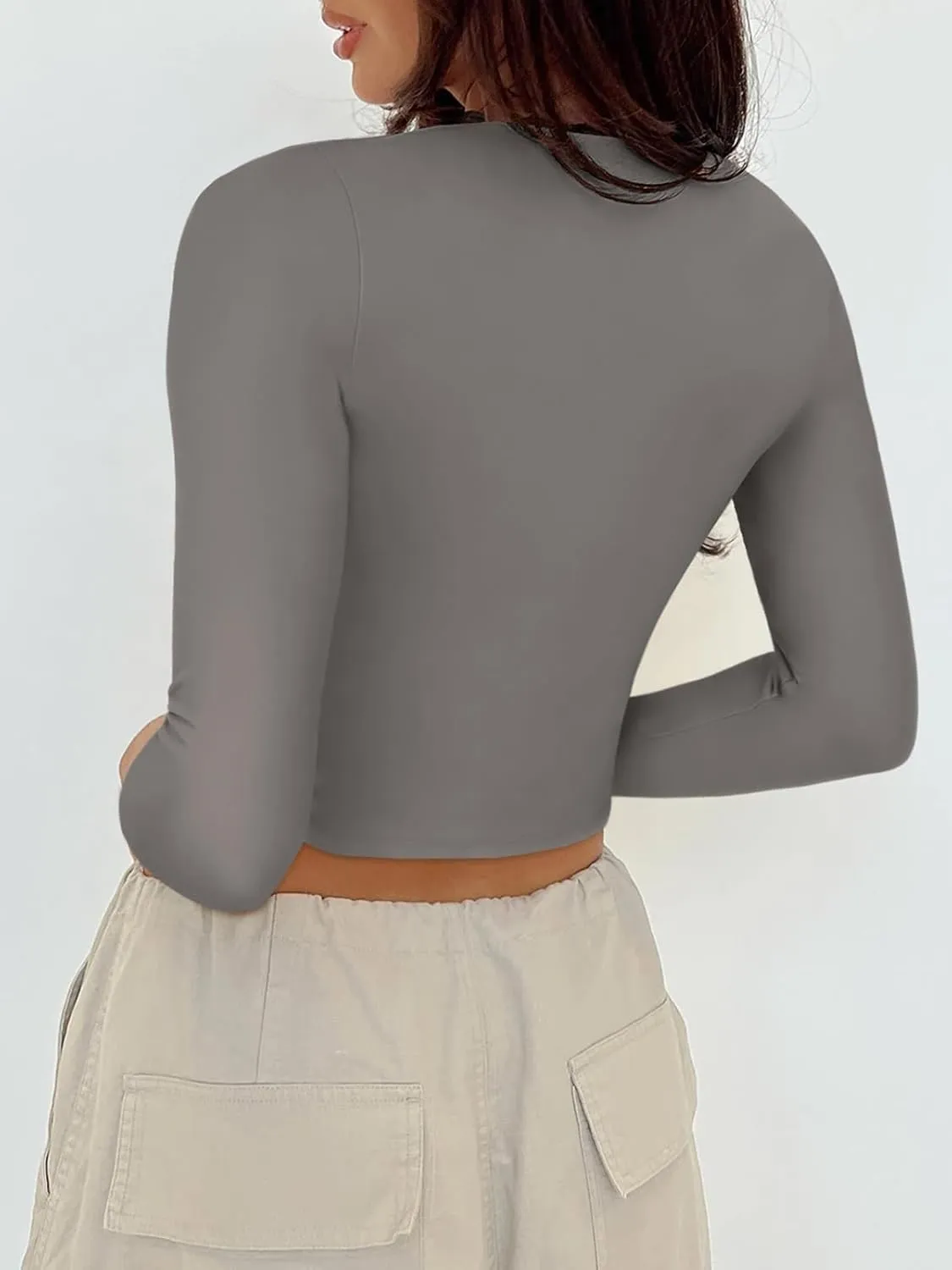 REORIA Womens Sexy Casual V Neck Long Sleeve Double Lined Fitted Going Out T Shirts Crop Tops Tees sold by ReoRia product image thumbnail 4