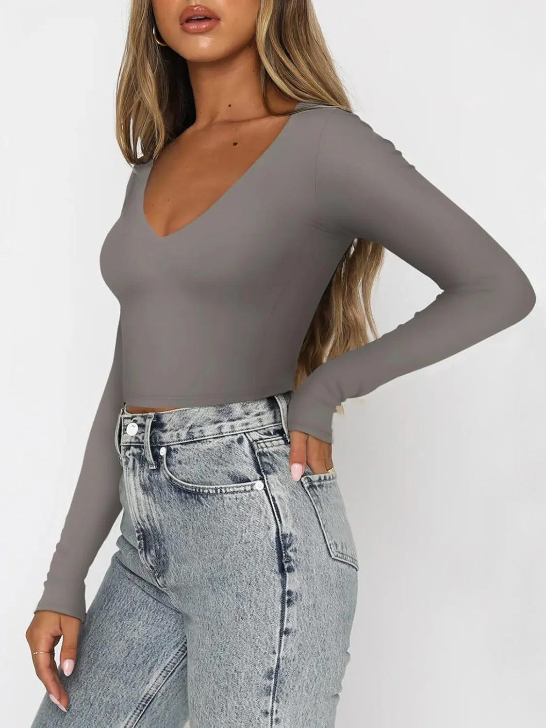 REORIA Womens Sexy Casual V Neck Long Sleeve Double Lined Fitted Going Out T Shirts Crop Tops Tees sold by ReoRia product image thumbnail 3