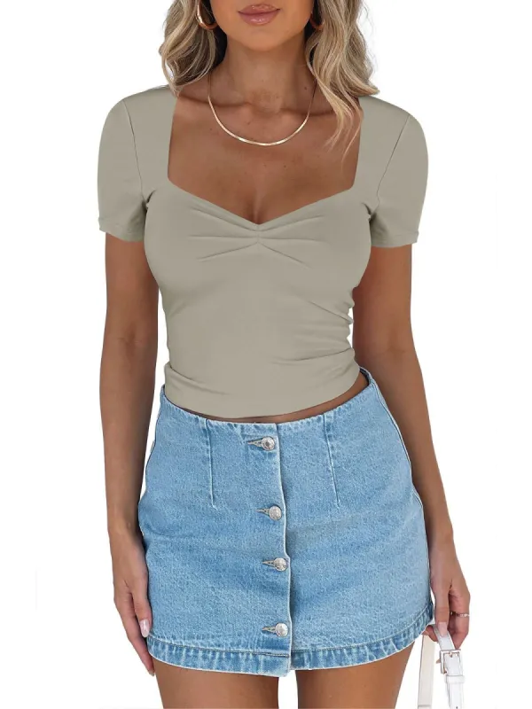 REORIA Women's Cute Ruched Sweetheart Neck Short Sleeve Going Out Y2K Trendy T Shirts Crop Tops Tees sold by ReoRia