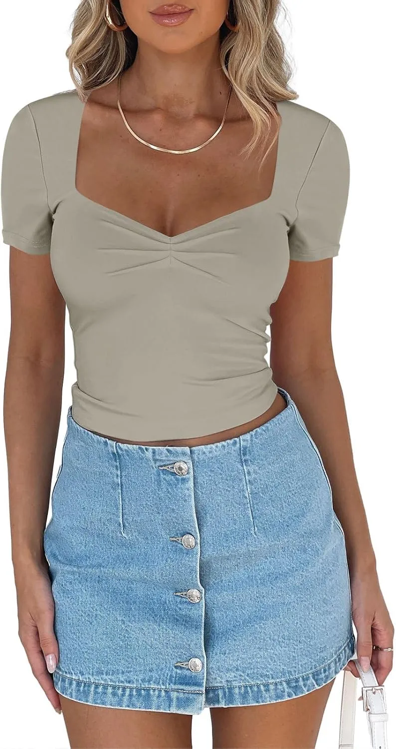 REORIA Women's Cute Ruched Sweetheart Neck Short Sleeve Going Out Y2K Trendy T Shirts Crop Tops Tees sold by ReoRia product image thumbnail 2