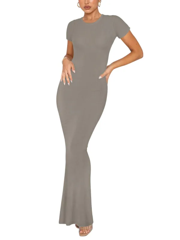 Lounge Long Dress Elegant Short Sleeve Crew Neck Bodycon Maxi Dresses sold by ReoRia