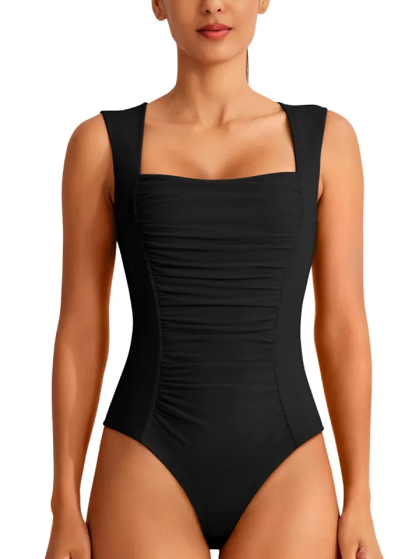 Square Neck Body suit Mesh Ruched Tank Tops Designer Collection sold by ReoRia