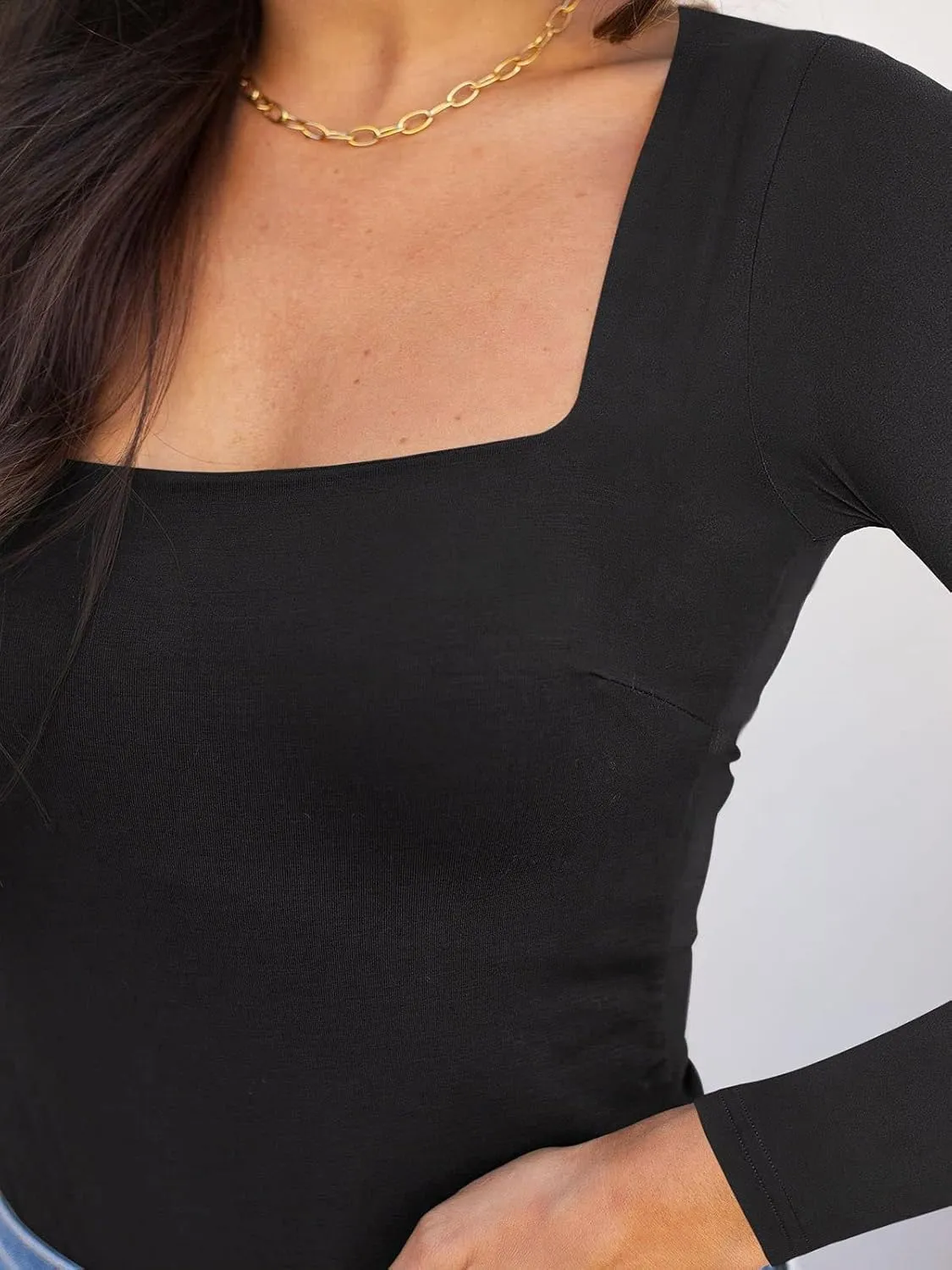 REORIA Womens Sexy Square Neck Double Lined Long sleeve Bodysuit Tops Jumpsuits sold by ReoRia product image thumbnail 5