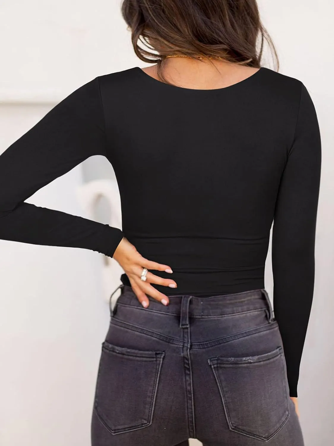 REORIA Womens Sexy Square Neck Double Lined Long sleeve Bodysuit Tops Jumpsuits sold by ReoRia product image thumbnail 4