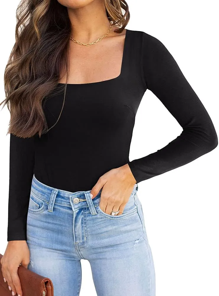 REORIA Womens Sexy Square Neck Double Lined Long sleeve Bodysuit Tops Jumpsuits sold by ReoRia product image thumbnail 2