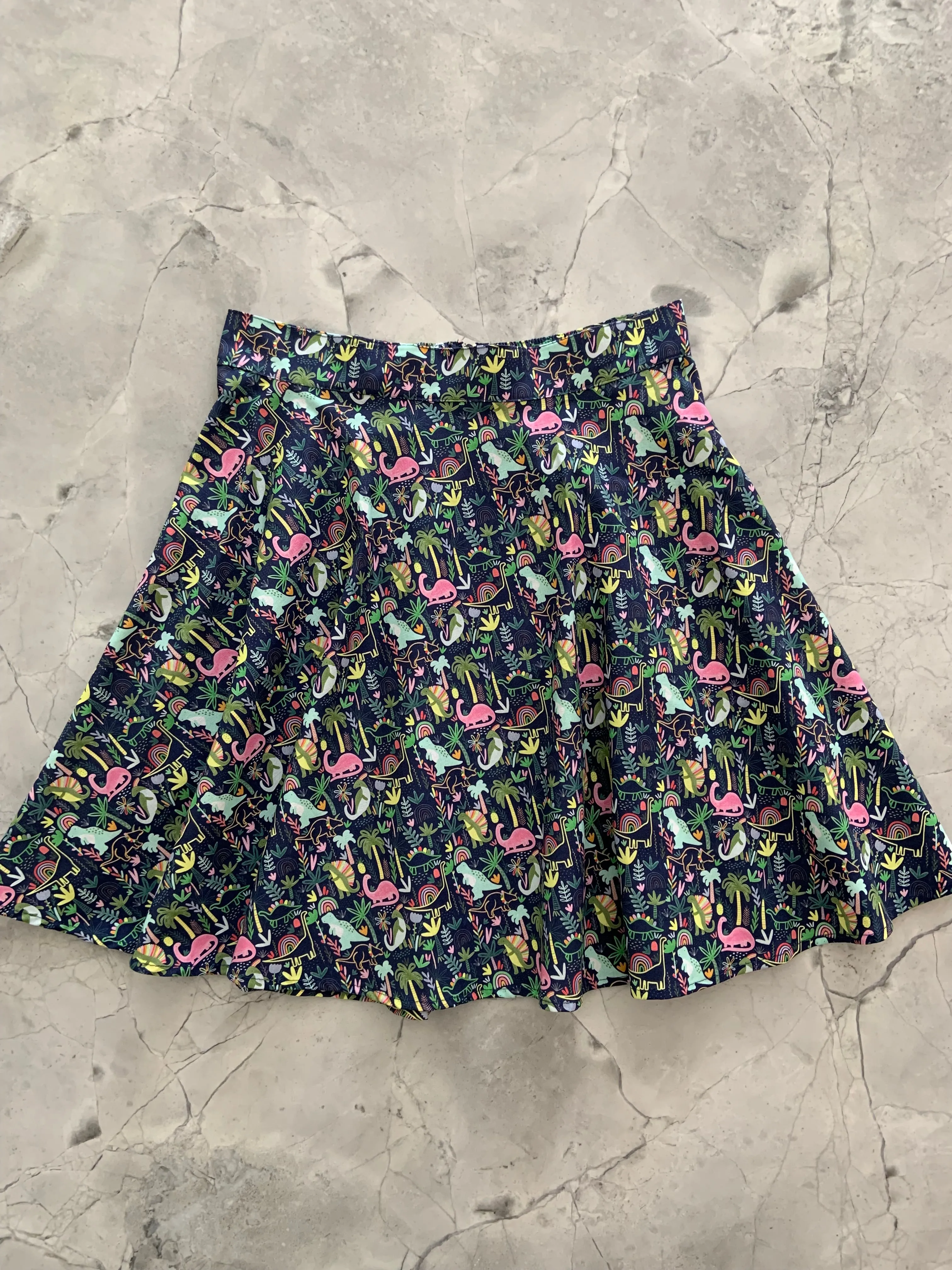 4771 Dinos & Rainbows Skater Skirt - XL only sold by Retrolicious