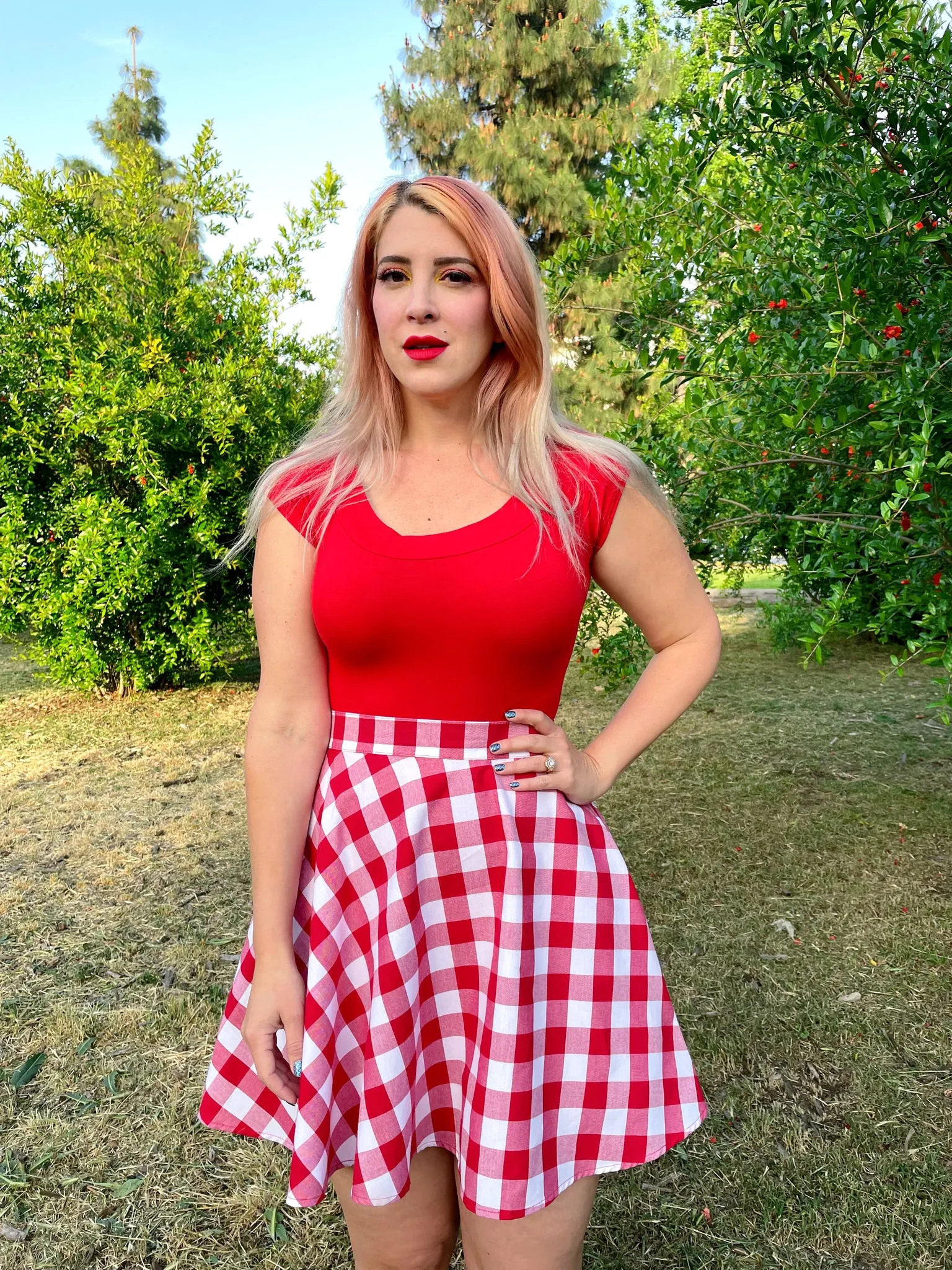 4875 Red Gingham Skater Skirt sold by Retrolicious