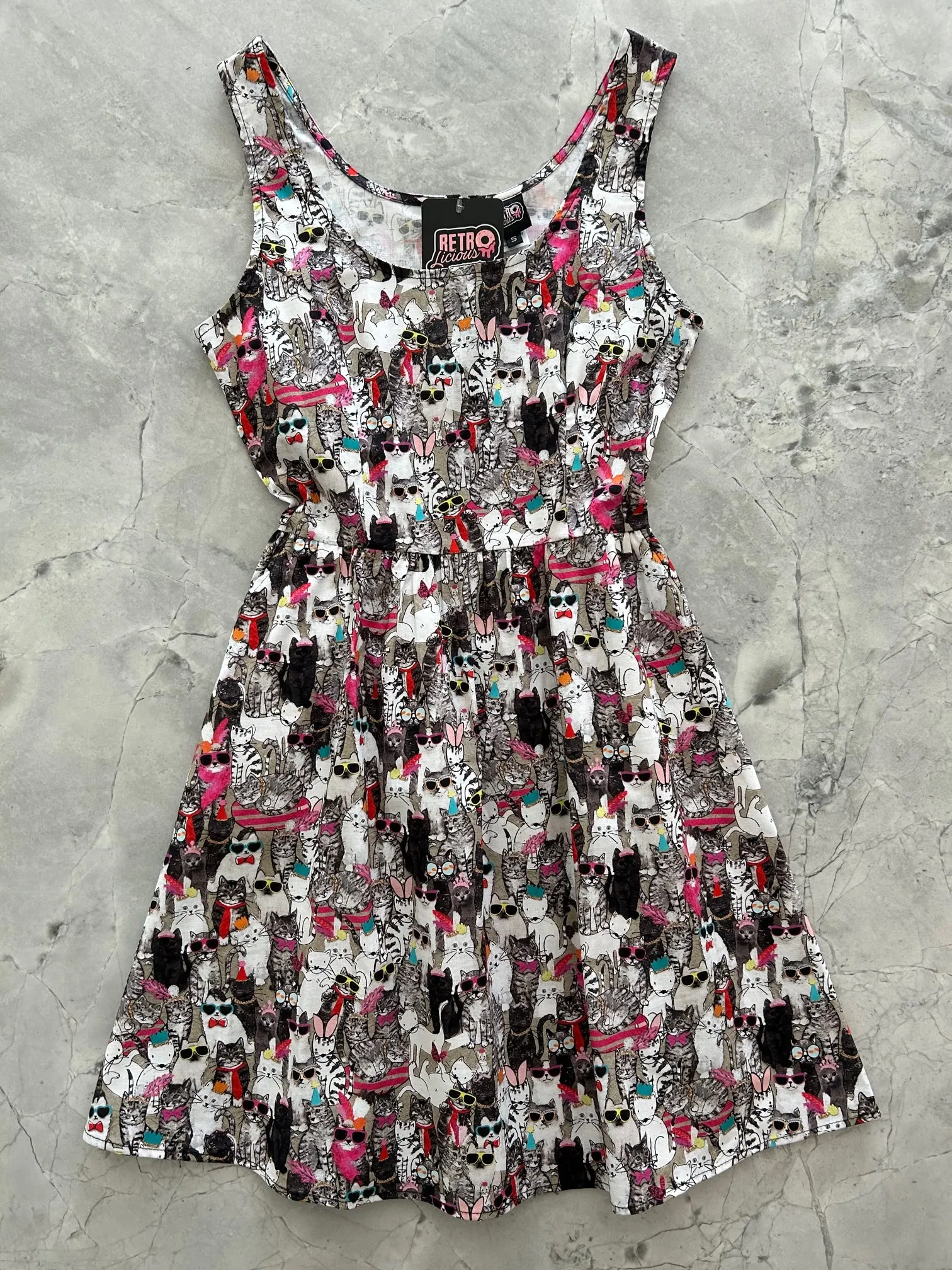 Cool Cats Shorter Length Fit & Flare Dress sold by Retrolicious