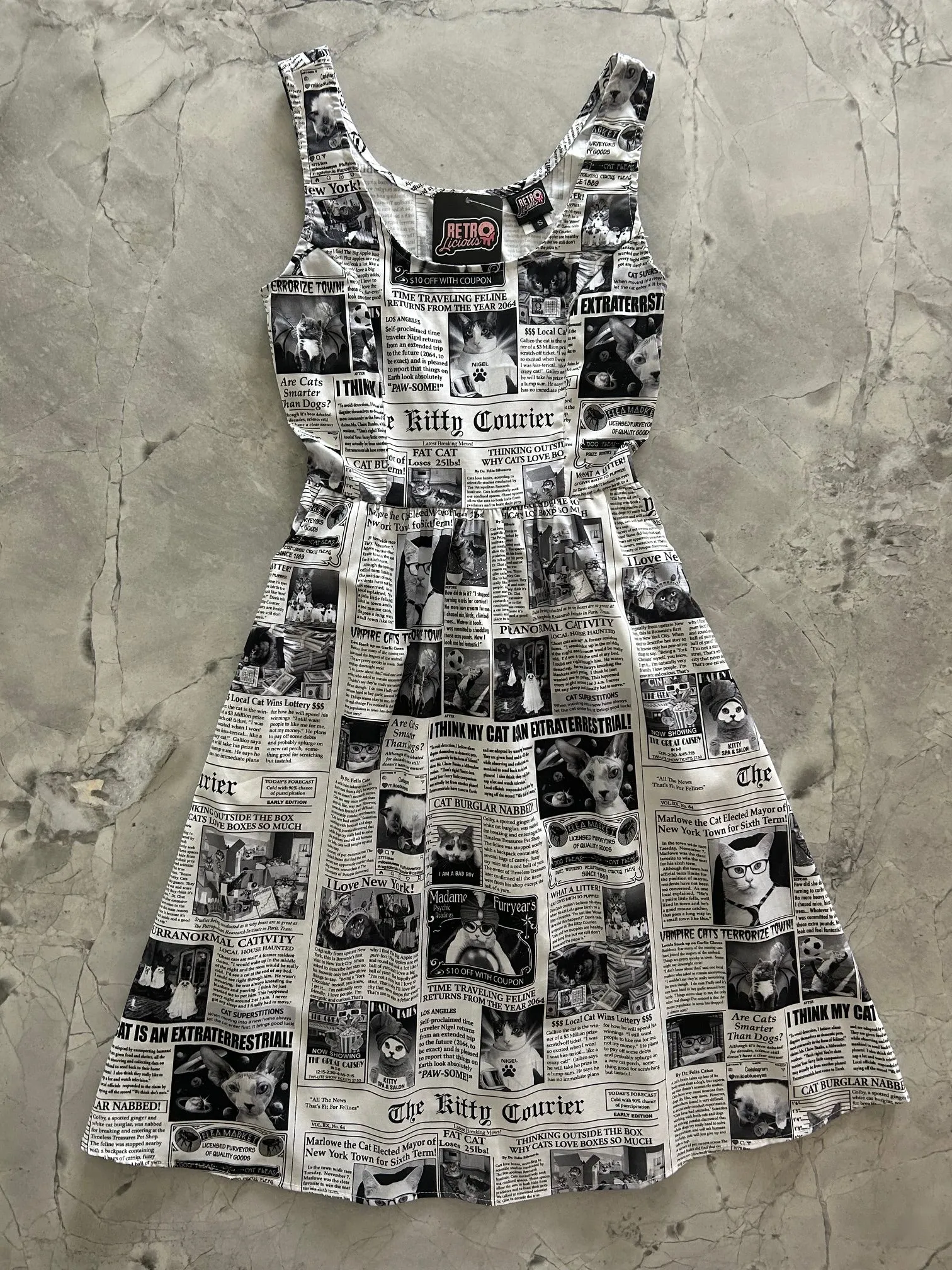 Newspaper Cats Fit & Flare Dress sold by Retrolicious