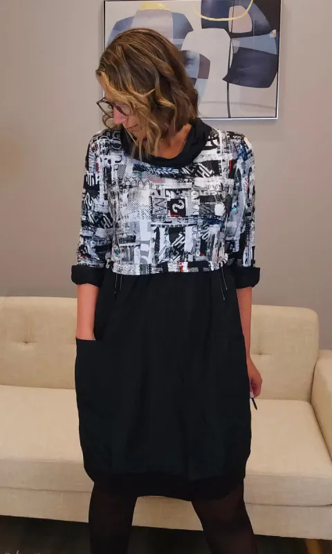 Newsprint Cocoon Dress sold by Revolution Boutique