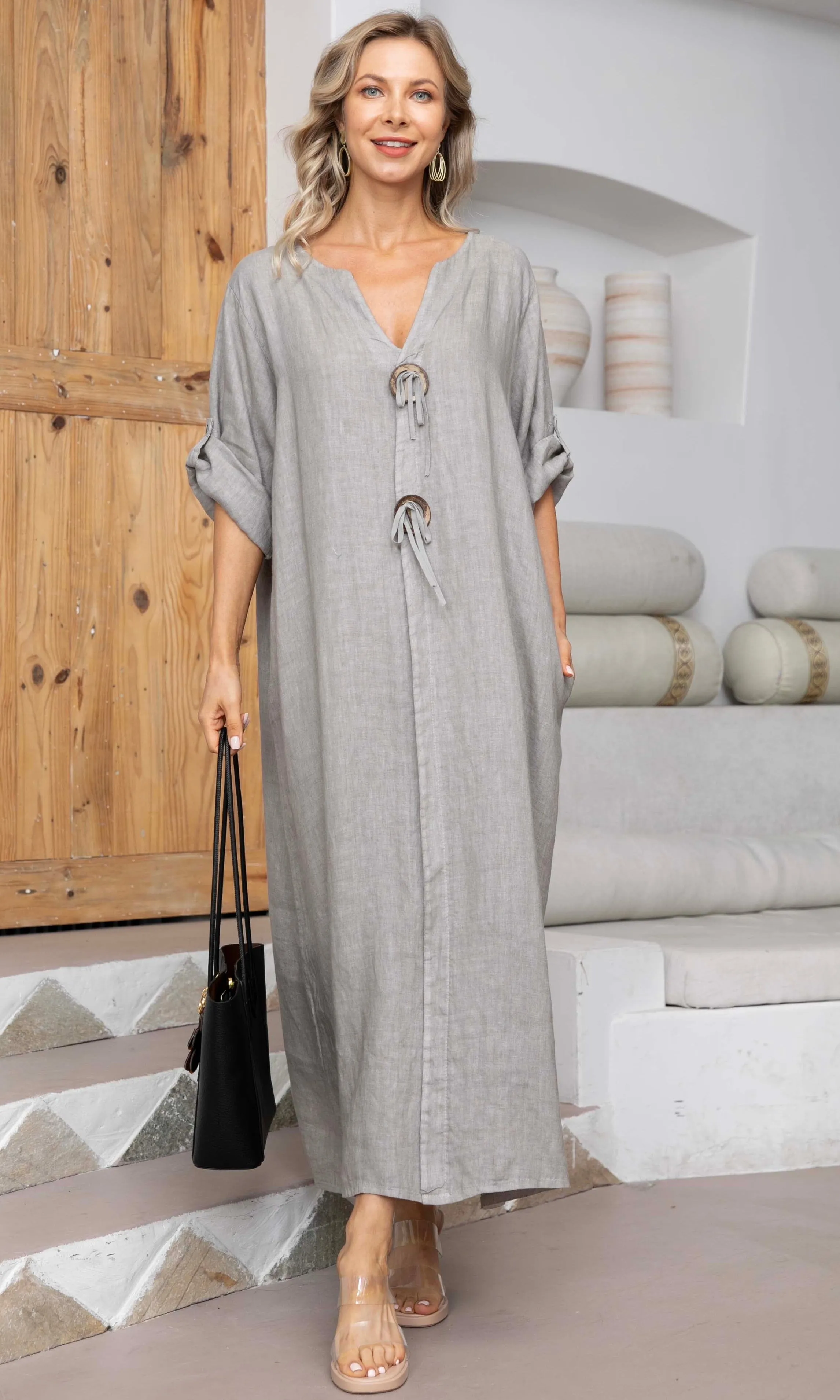 Linen Roll-Tab Sleeve Dress sold by Revolution Boutique