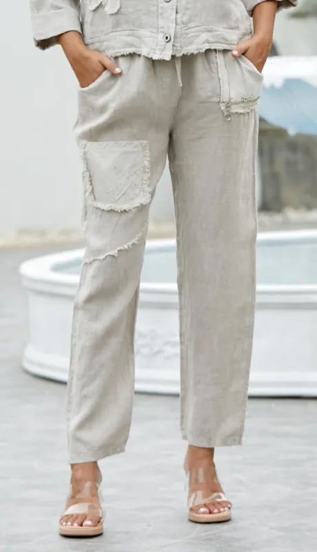 Linen Distress Patches Pant sold by Revolution Boutique