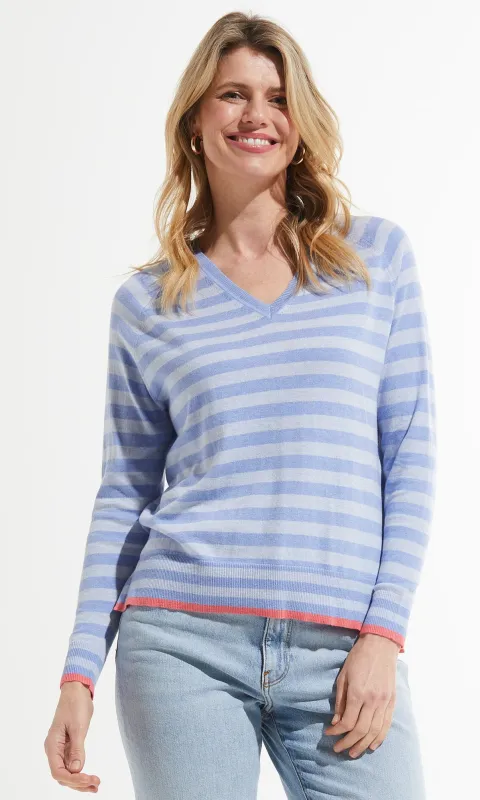 Cotton Blend Side Slit V-Neck Stripe Sweater sold by Revolution Boutique